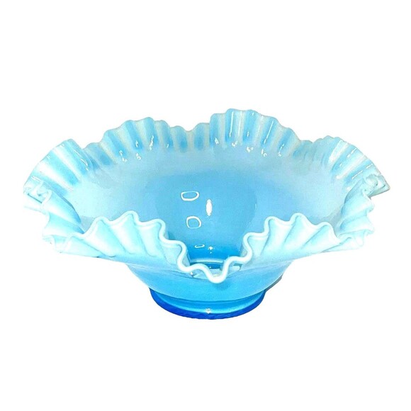 Fenton Glass Bowl Shades Of Blue Glass Ruffled Crimped 9 1/2” By 3” - Picture 2 of 6